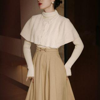 Set: Mock-neck Capelet Knit Top + Horsebit-accent Midi A-line Skirt