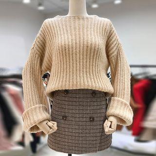 Plain Sweater / Plaid Mini Pencil Skirt / Set