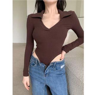 Long-sleeve V-neck Irregular Slim-fit Top