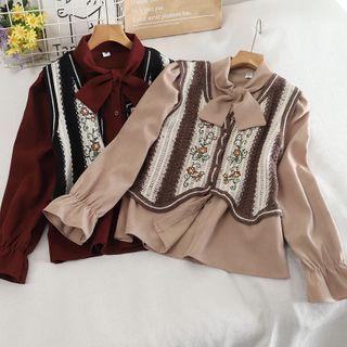 Set: Floral Embroidery Vest / Plain Long-sleeve Blouse
