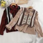 Set: Floral Embroidery Vest / Plain Long-sleeve Blouse