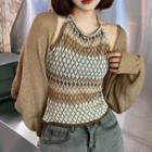 Set: Argyle Knit Camisole Top + Cropped Cardigan Coffee - One Size