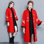 Flower Embroidered Furry Trim Long Coat