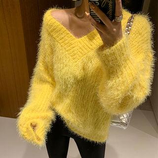 V-neck Boxy Furry Sweater