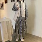 Cable-knit Vest / Checked Long-sleeve Midi Shirtdress