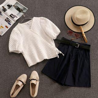 Set: Puff-sleeve Patterned Top + Shorts