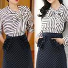 Set: Striped Tie-neck Long-sleeve Blouse + Midi Skirt