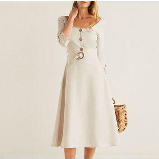 3/4-sleeve Off Shoulder Botton Dress With Belt