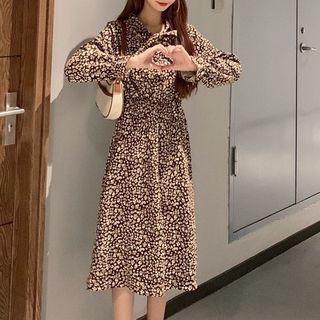 Long-sleeve Tie-neck Floral Print Midi A-line Corduroy Dress