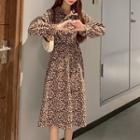 Long-sleeve Tie-neck Floral Print Midi A-line Corduroy Dress