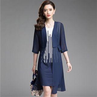 Set: Elbow-sleeve Light Jacket + Printed Sleeveless Dress