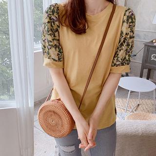 Round-neck Floral-sleeve T-shirt