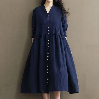 Long-sleeve Notch-neck Midi A-line Dress