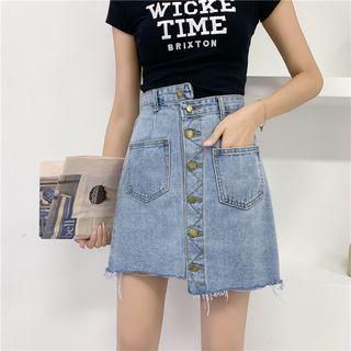 Asymmetric Frayed Hem Buttoned A-line Mini Denim Skirt