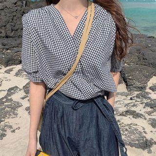Puff-sleeve V-neck Check Blouse Gingham - Black & White - One Size