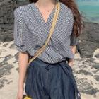 Puff-sleeve V-neck Check Blouse Gingham - Black & White - One Size