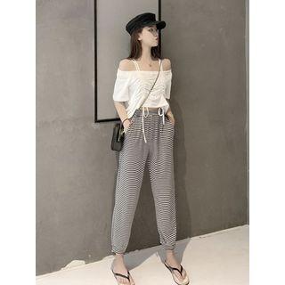 Off-shoulder Drawstring Crop Top / Striped Harem Pants