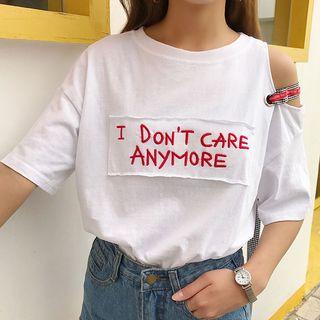 Lettering Short-sleeve Cold Shoulder T-shirt