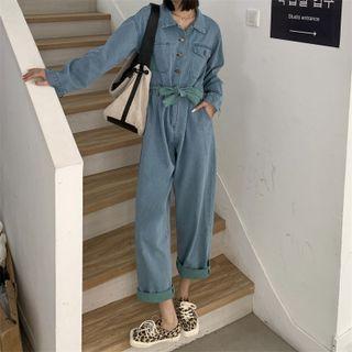 Paneled Denim Shirt Jumpsuit