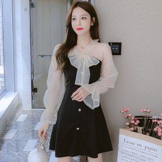 Long-sleeve Ruffled-trim V-neck Mesh Panel Dress
