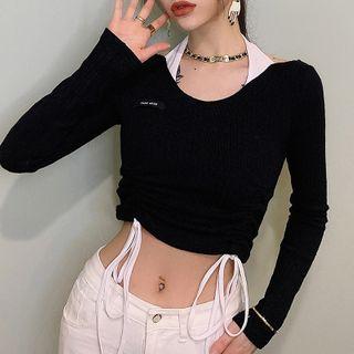 Long-sleeve Mock Two-piece Cropped T-shirt