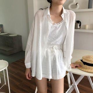 Set : Lace Panel Spaghetti Strap Top + Shorts + Light Jacket