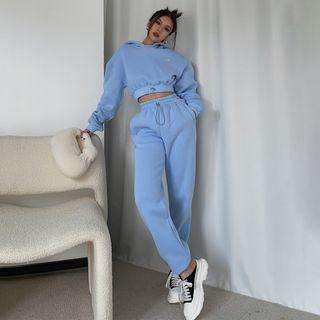 Set: Brushed Fleece-lined Drawstring Crop Hoodie + Drawstring High-waist Jogger Pants