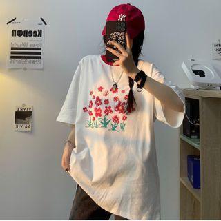 Short-sleeve Round Neck Flower Print T-shirt