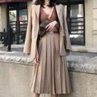 Blazer / Midi A-line Pleated Skirt / Sleeveless Lettering Cropped Knit Top