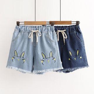 Drawstring Rabbit Embroidered Denim Shorts