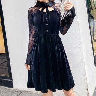 Long-sleeve Lace Panel Cut-out A-line Dress