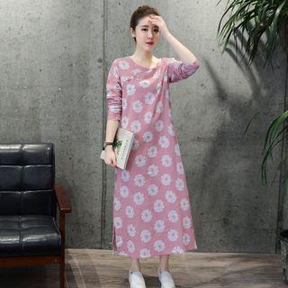 Long-sleeve Flower Print Maxi Dress