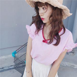 Gingham V-neck Short-sleeve Top
