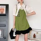 Puff-sleeve Collar Blouse / Plaid Panel Mini A-line Overall Dress