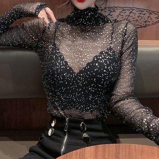 Long-sleeve Mock Neck Glitter Sheer Top