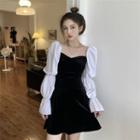 Bell-sleeve Two-tone Velvet Mini A-line Dress