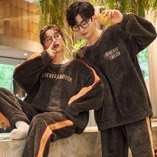 Couple Matching Loungewear Set : Fleece Lettering Embroidered Top + Pants
