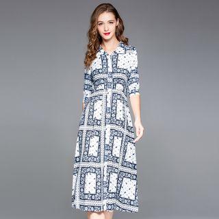 Elbow-sleeve Printed Asymmetric Midi Dress