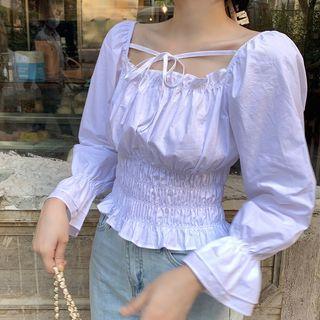 Square Neck Ruffle Trim Cropped Blouse White - One Size