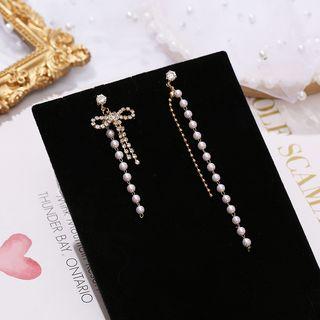Non-matching Rhinestone Bow Faux Pearl Fringed Earring Gold - One Size