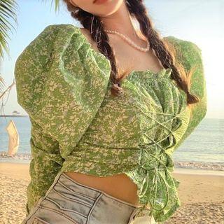 Long-sleeve Floral Print Lace-up Cropped Blouse