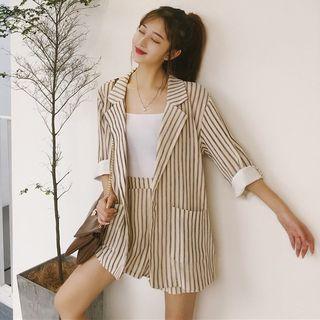 Set: 3/4-sleeve Striped Blazer + Wide-leg Shorts Set - Blazer - Stripe - Gray & White - One Size / Shorts - Stripe - Gray & White - One Size