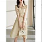 Elbow-sleeve Lace Panel Midi A-line Shirtdress