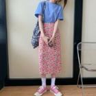 Short-sleeve T-shirt / Floral Print Midi Sheath Skirt