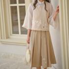 Mandarin Collar Blouse / Pleated Midi A-line Skirt