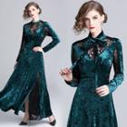 Lace Panel Long-sleeve Sheath Evening Gown