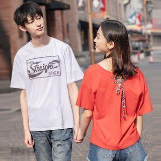 Couple Matching Set: Elbow-sleeve Lettering Print T-shirt + Lace-up T-shirt