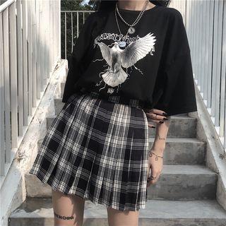 Elbow-sleeve Printed T-shirt / Mini Plaid Pleated Skirt
