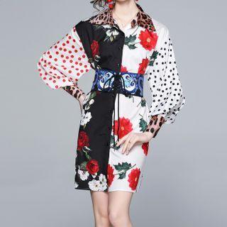 Long-sleeve Print Paneled Mini Sheath Shirtdress