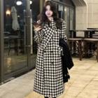 Houndstooth Double-breasted Woolen Long Blazer